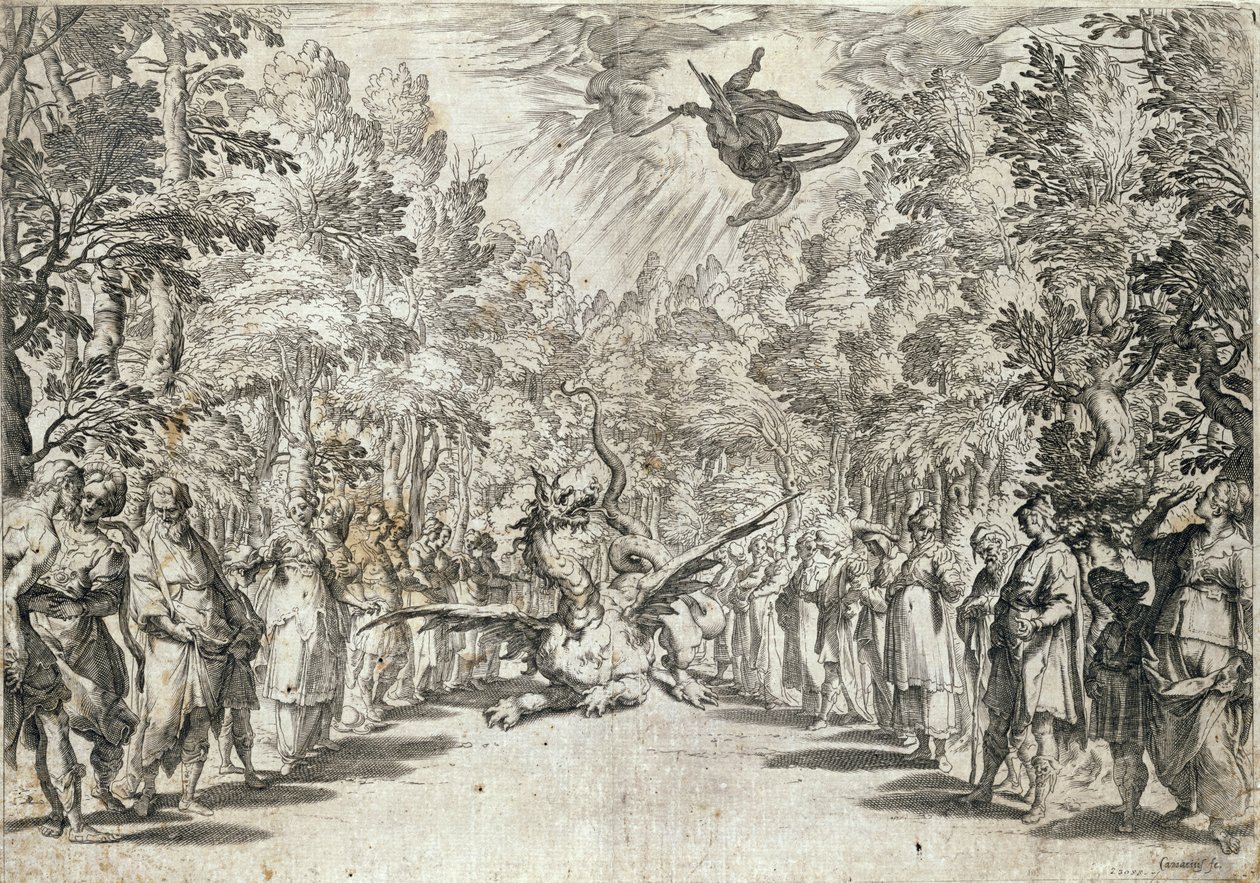 Apollo kurz vor dem Angriff auf den Python, aus La Pellegrina von Girolamo Bargagli, graviert von Carracius von Italian School