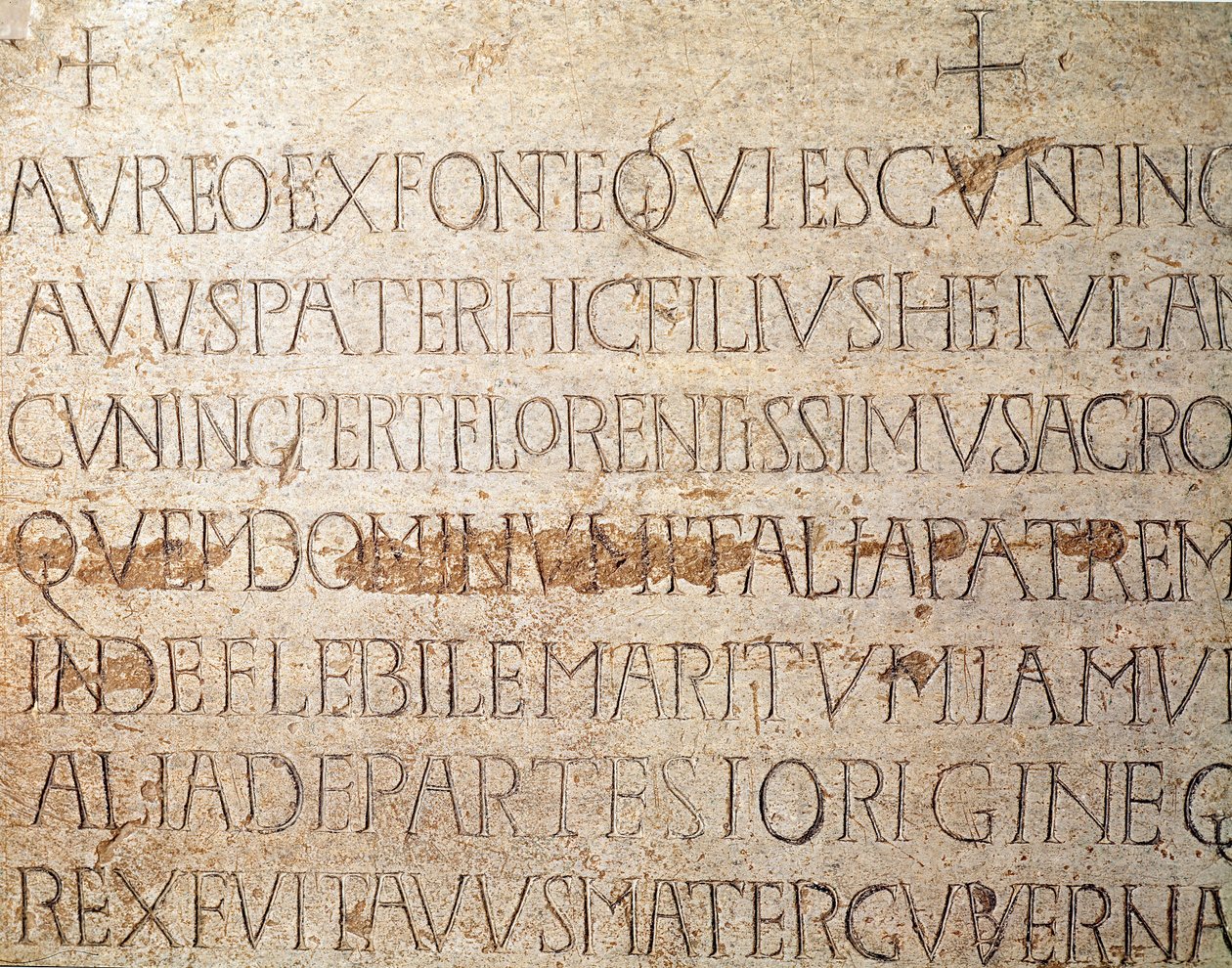Archäologie des Mittelalters. Barbarische Kunst der Lombardei: Grabstein des Langobardenkönigs Cunipert, bekannt als der Fromme (Cuniperto, 678-700). Langobardische Kunst. Pavia, Städtisches Museum, Archäologische Abteilung von Italian School