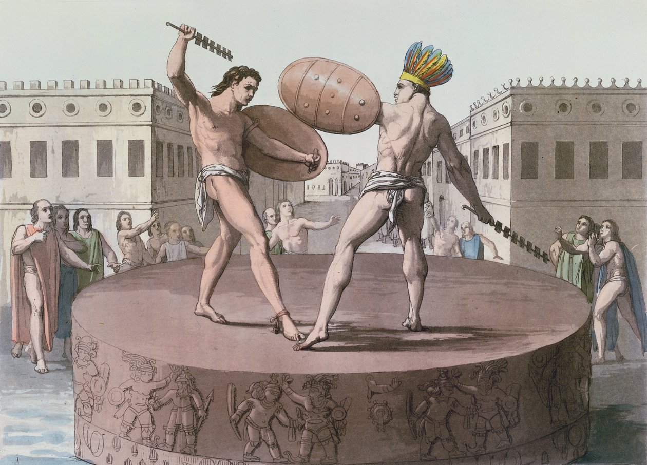 Aztekische Krieger im Kampf auf einem Cuauhxicalli, ca. 1820 von Italian School