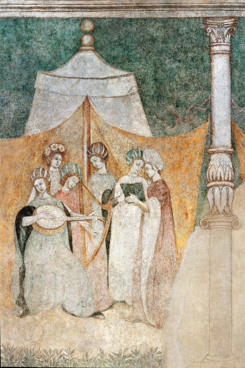 Bicocca degli Arcimboldi: Fresko aus dem 15. Jahrhundert, Detail von Frauen, die Musik spielen von Italian School
