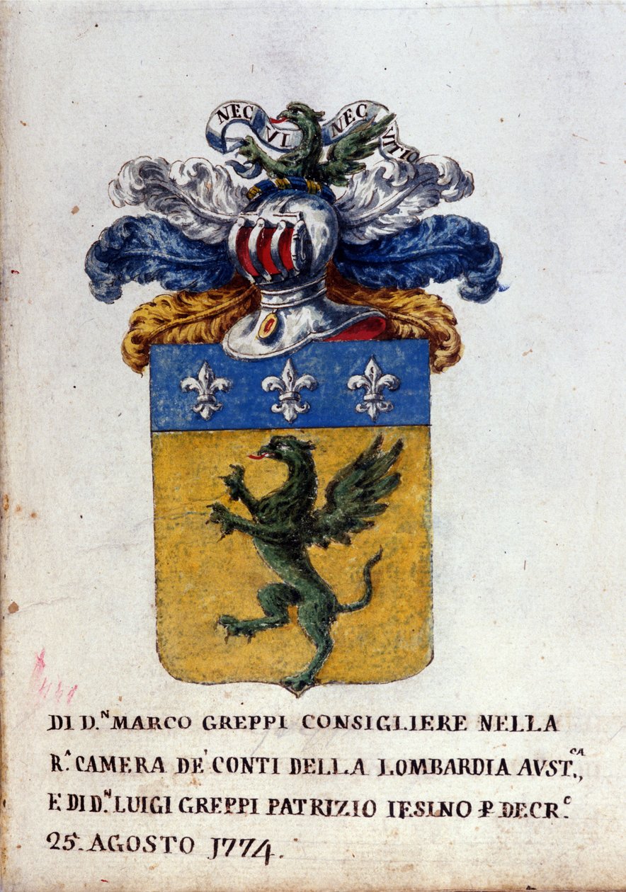 Wappen der Familie Greppi aus Mailand, Helm, Lilien und Drache. 18. Jahrhundert, Staatsarchiv von Mailand. von Italian School