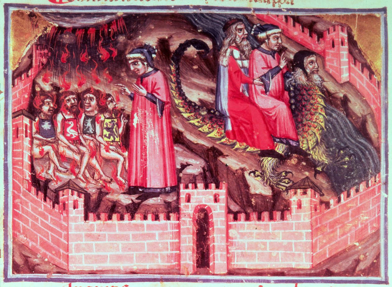 Canto XVII Vier Sodomiten: Dante und Virgil reiten auf dem Rücken von Geryon in den Kreis der Betrüger, aus der Göttlichen Komödie (Inferno), ca. 1313 von Italian School