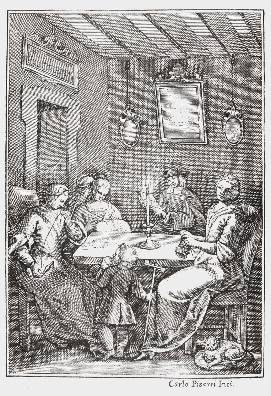 Chiaqlira liest Geschichten einer Nähgruppe vor, Titelblatt von Das Pentameron von Giambattista Basile, 1742 von Italian School