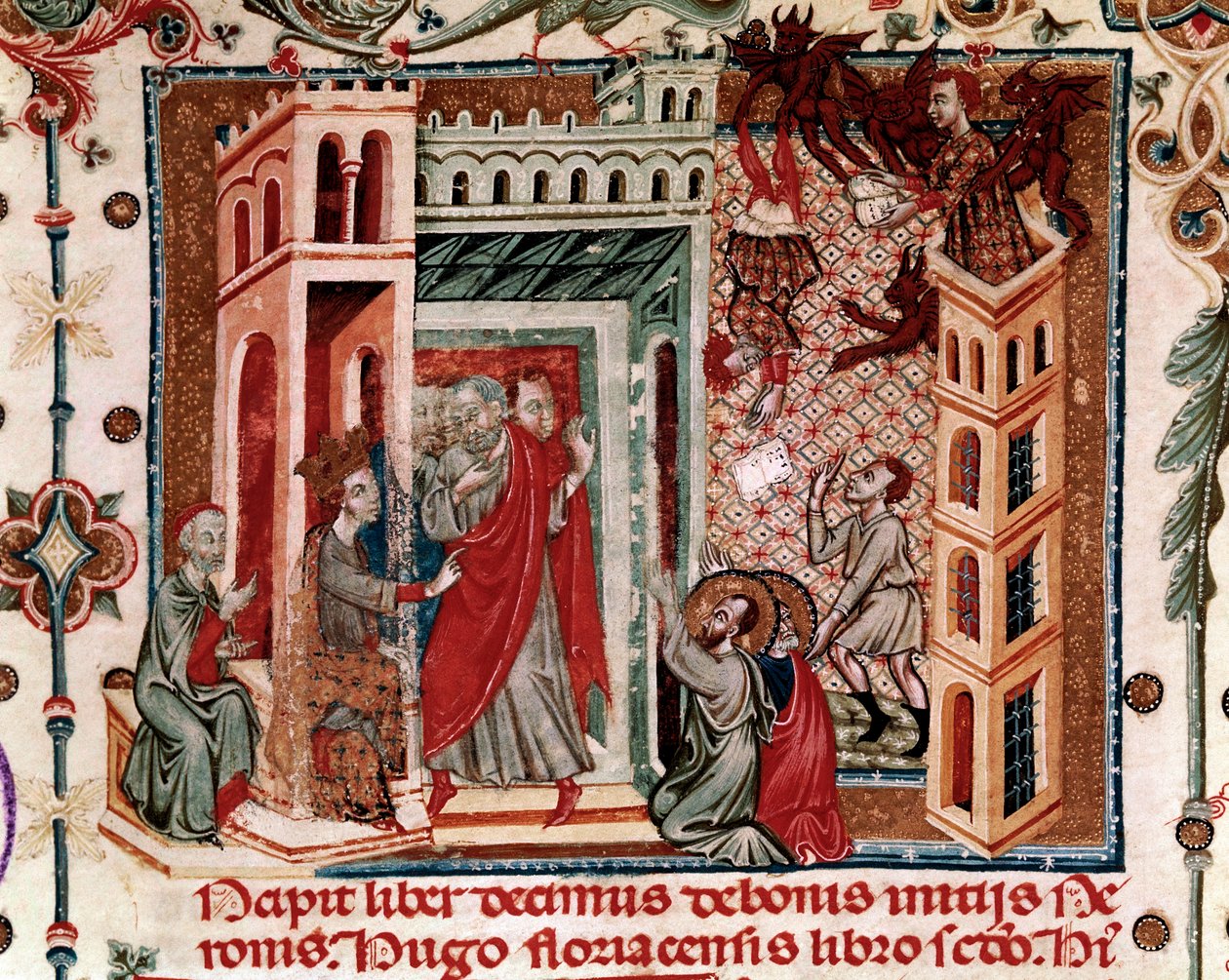 Codices Cavenses, Cod.25 f.181, Simon Magus, der Kaiser Nero und die Apostel, Miniatur aus Speculum Historiale, Teil I, von Vincent de Beauvais, ca. 1320 von Italian School