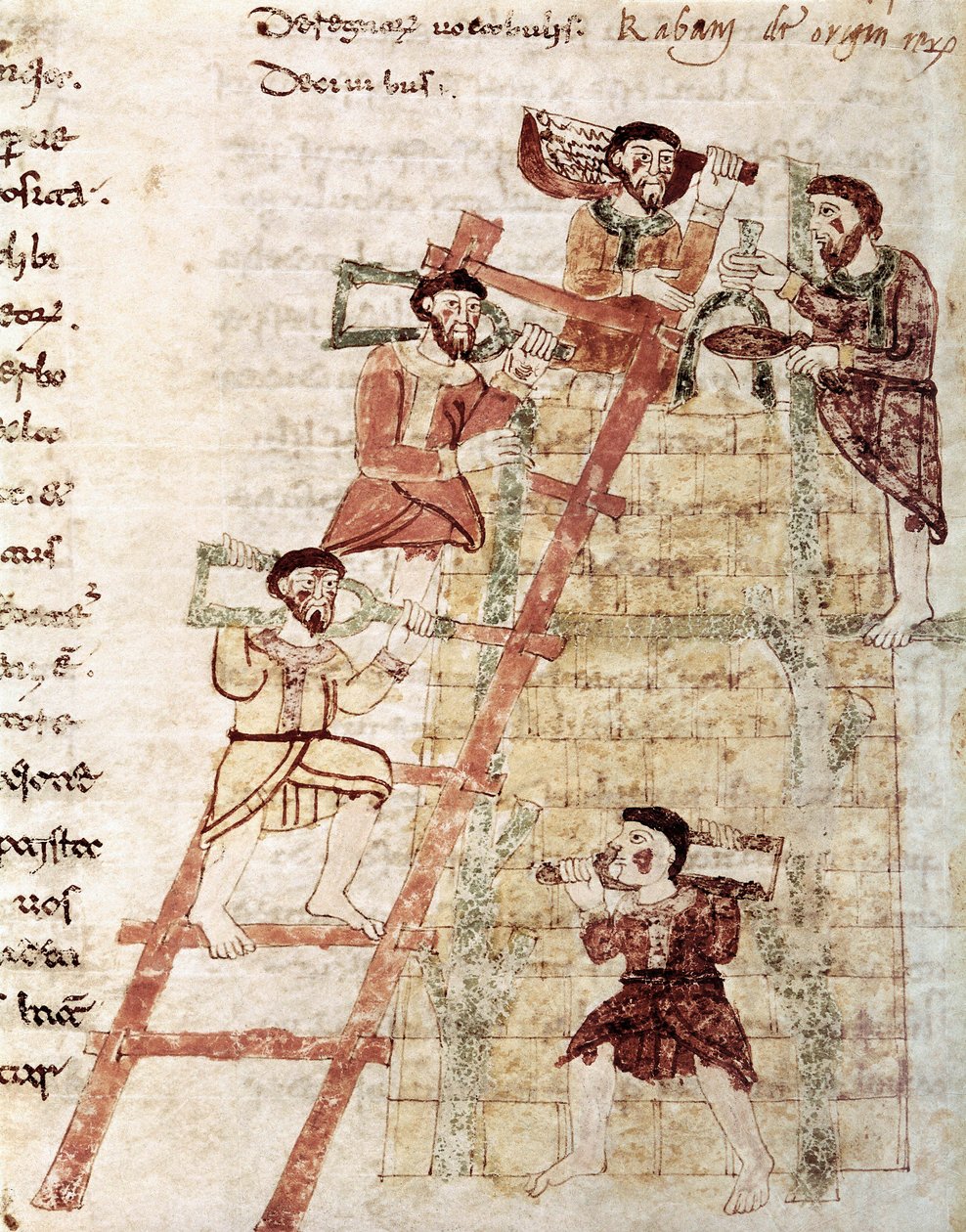 Bau eines Turms, Miniatur aus dem Manuskript "De Universo" Buch 16 Kap. 1 von Maurus Rabanus, 9. Jahrhundert von Italian School