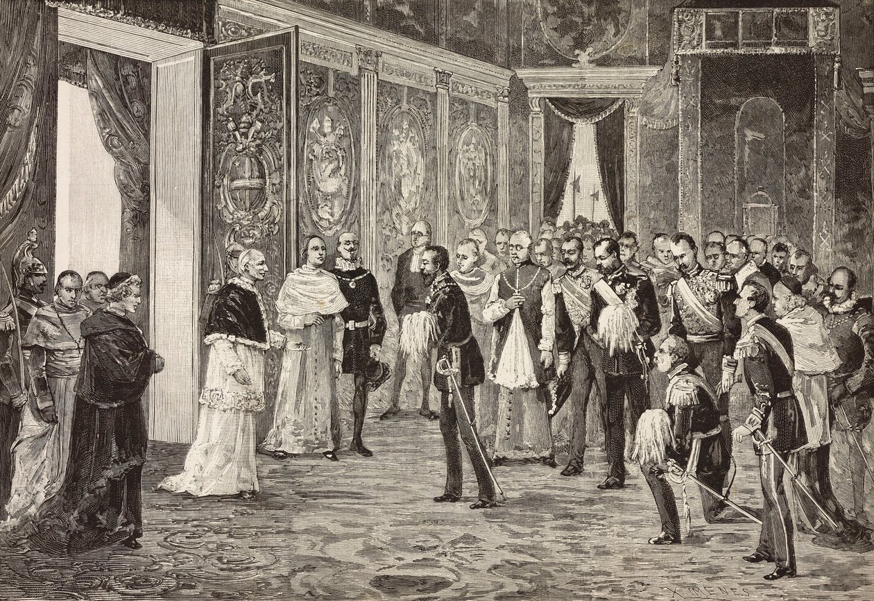 Kronprinz von Deutschland (zukünftiger Friedrich III.) wird von Papst Leo XIII. im Thronsaal des Vatikans empfangen, Gravur nach einer Zeichnung von Ximenes nach einer Skizze von Dal Don von Italian School
