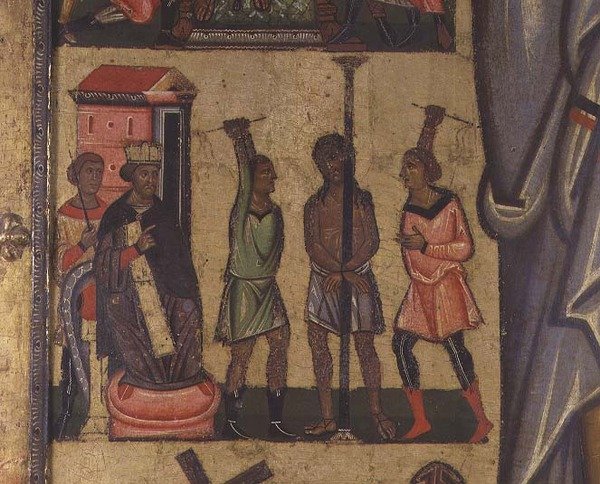 Kreuzigung mit Geschichten der Passion: Detail zeigt die Geißelung Christi, Schule von Lucca von Italian School