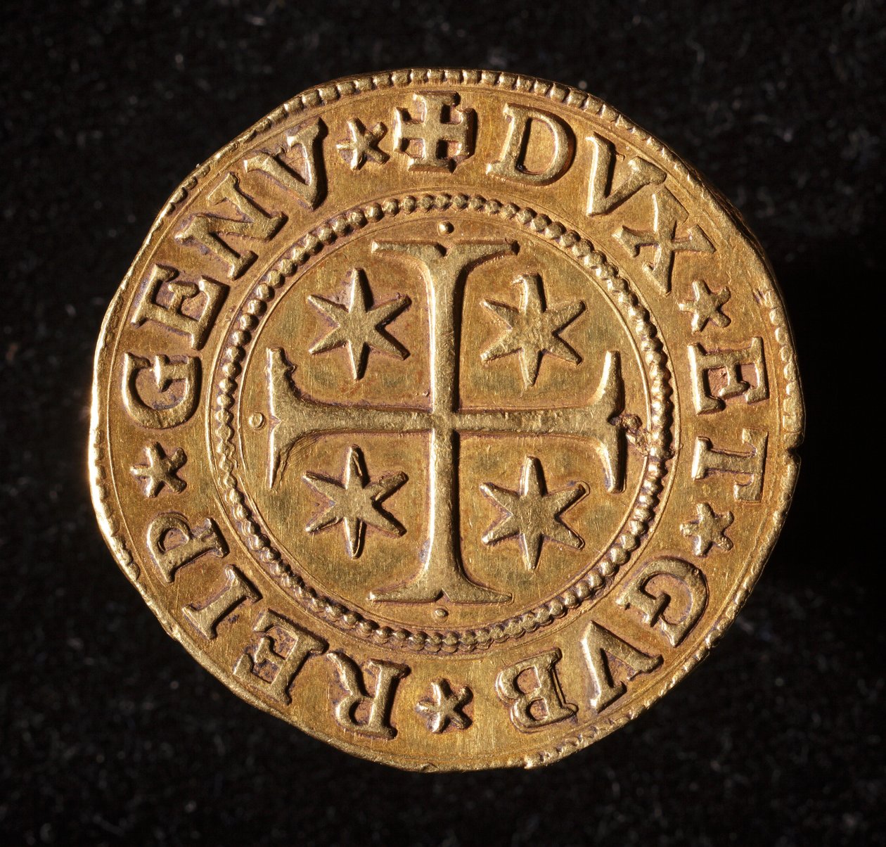 Währung der Republik Genua: fünf Gold-Doppie-Münze. Durchmesser 41 mm. 1642. Vorderseite. Genua Musei di Strada Nuova von Italian School