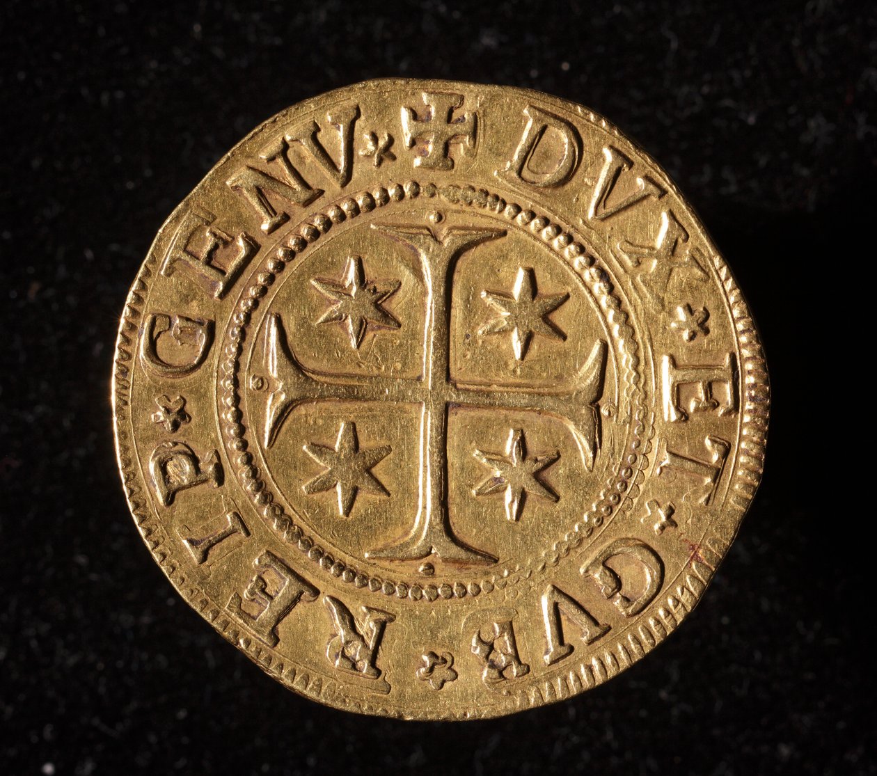 Währung der Republik Genua: fünf Gold-Doppie-Münze. Durchmesser 41 mm. 1652. Vorderseite. Genua Musei di Strada Nuova von Italian School
