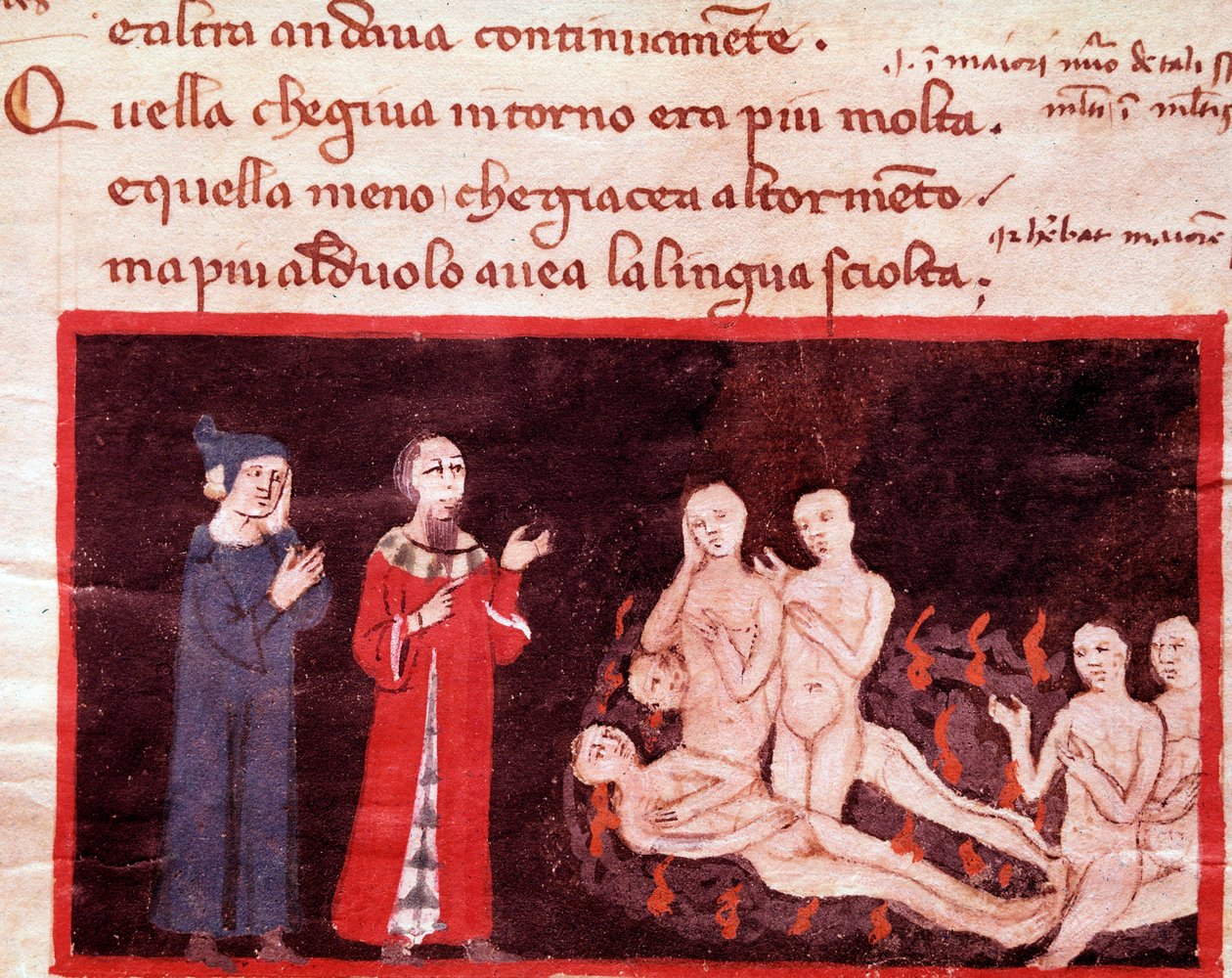 Dante und Virgil umgeben von den Gewalttätigen (Gesang 14 aus der Hölle, in der Göttlichen Komödie) - Miniatur 14. Jahrhundert von Italian School