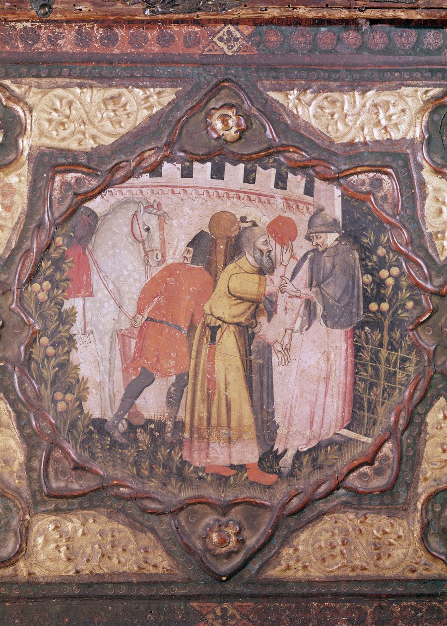 Detail eines Cassone, das die Geschichte von Saladin und Torello von Istrien zeigt, von Giovanni Boccaccio von Italian School