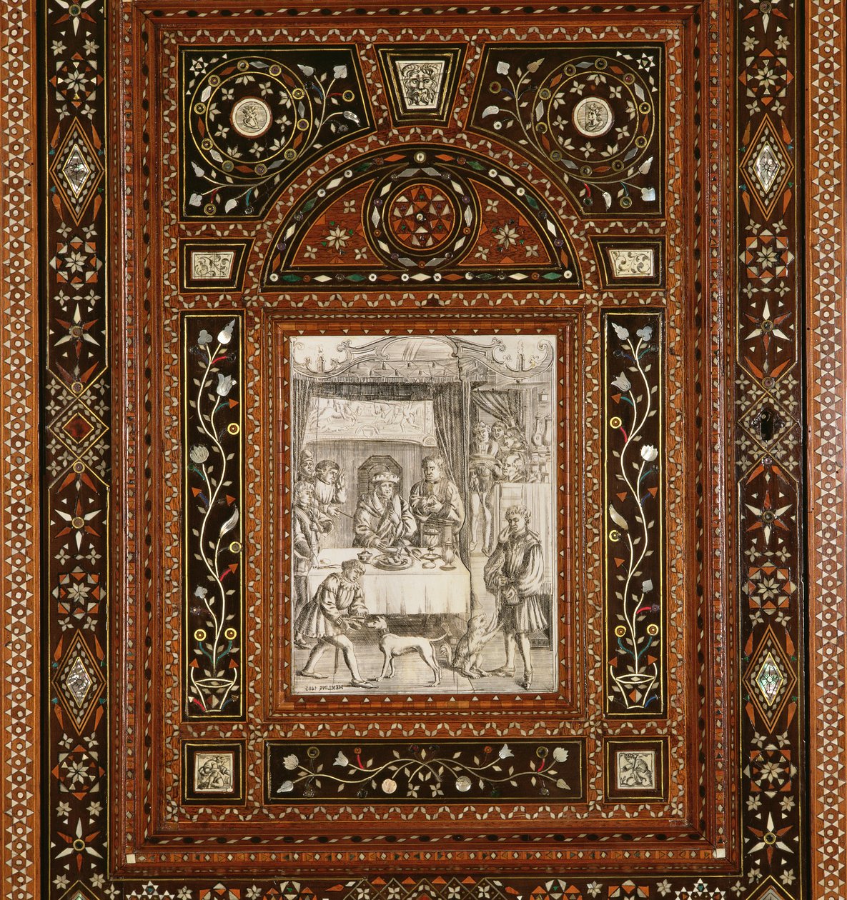Detail eines Elfenbeinstichs, nach Memling (ca. 1433-94), aus einem Schrank, der Maria Stuart (1542-87) und Franz II. (1544-60) als Hochzeitsgeschenk gegeben wurde (Holz und eingelegtes Elfenbein) von Italian School