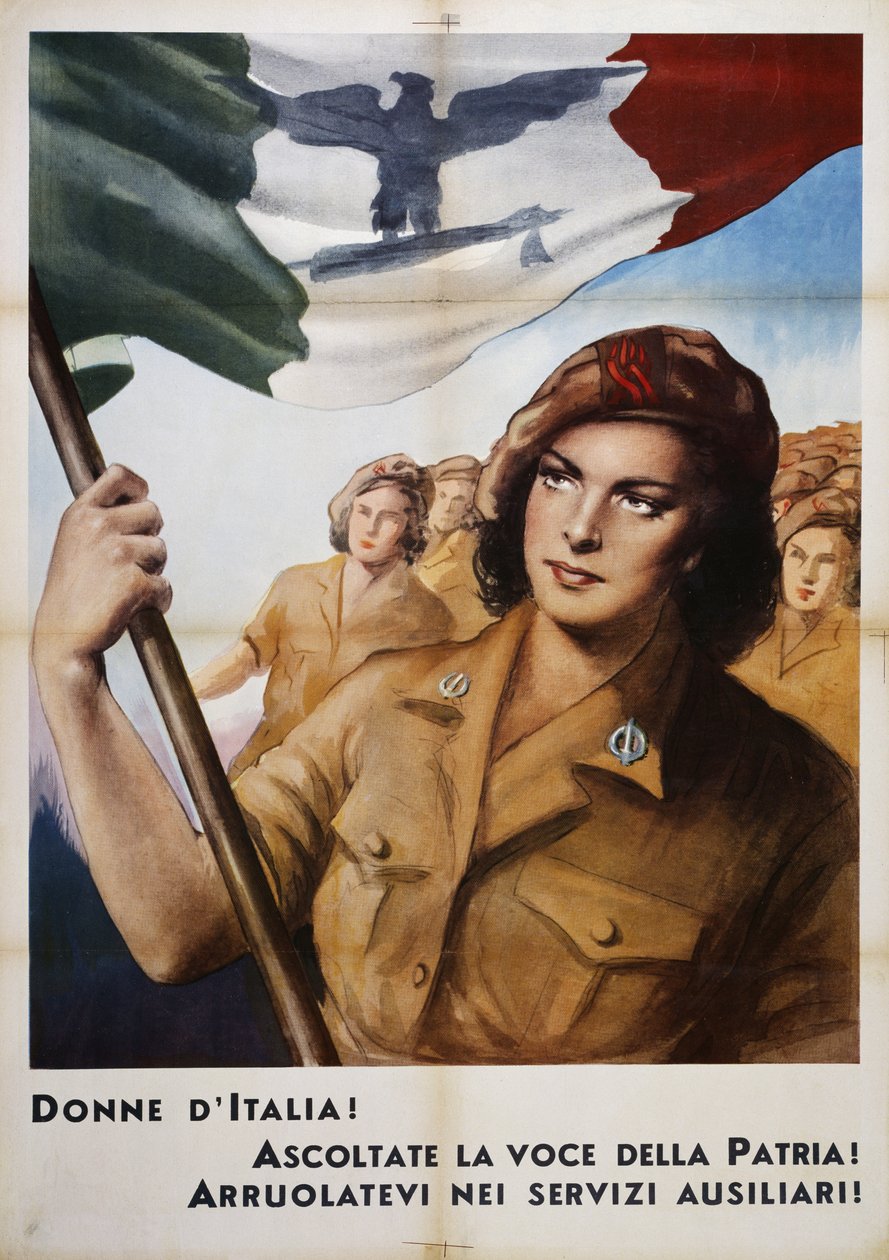 Frauen Italiens hört die Stimme des Vaterlandes! Meldet euch zu den Hilfsdiensten!, Propagandaposter, Italien, 20. Jahrhundert von Italian School