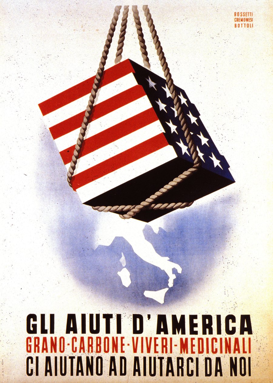 Europäisches Wiederaufbauprogramm (ERP) (1948-1952): "Amerikanische Hilfe für den Wiederaufbau Europas". Plakat von Rossetti - Cremonesi - Bottoli von 1948 von Italian School