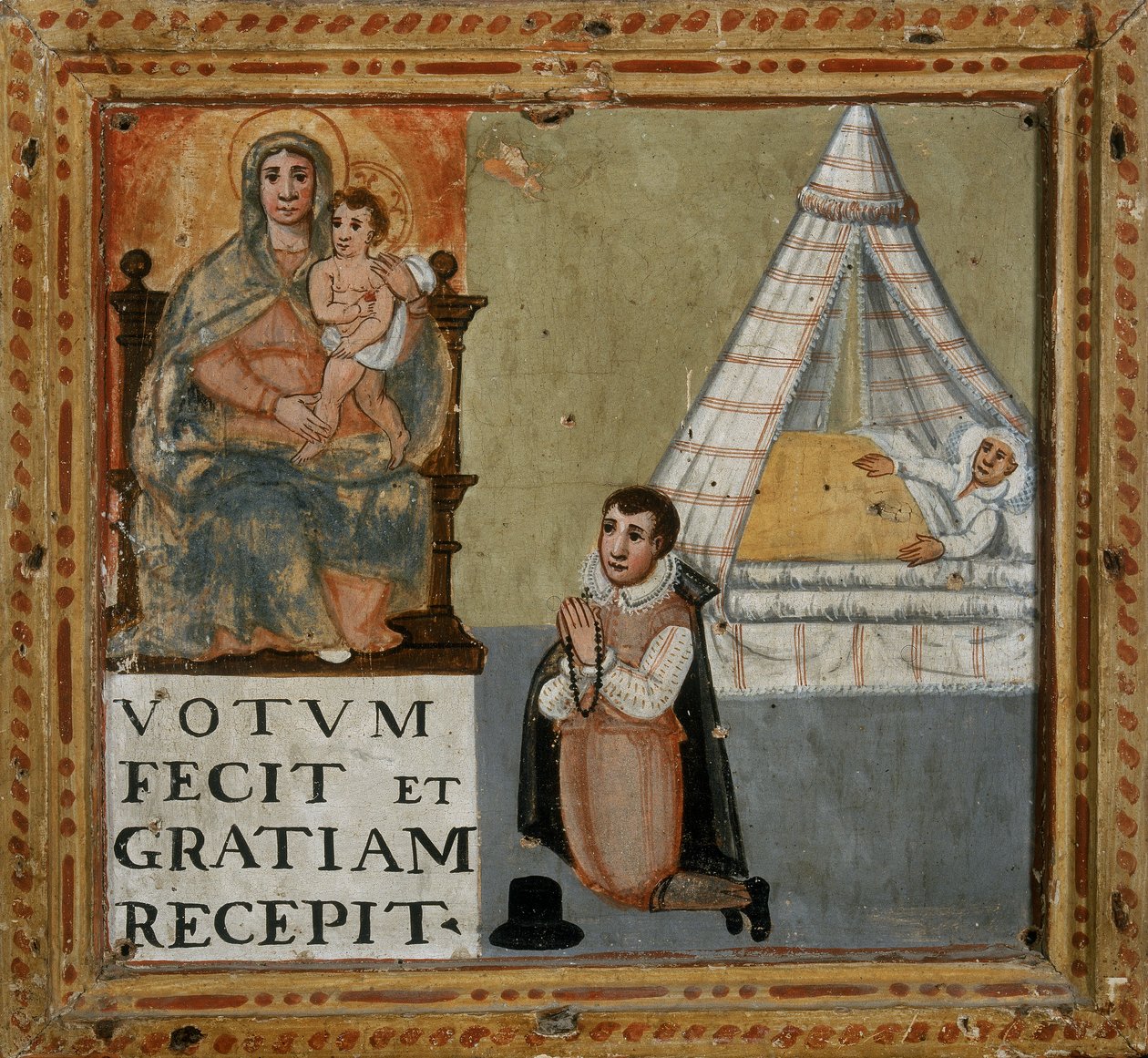 Ex-Voto, das einen Mann zeigt, der der Jungfrau auf Knien für die Heilung von einer Krankheit dankt, 1604 von Italian School