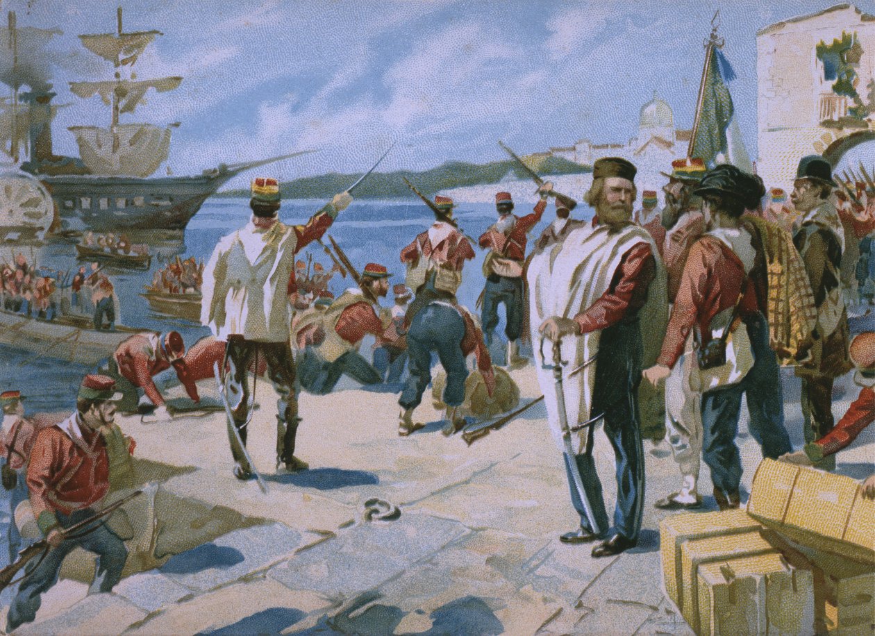 Expedition der Tausend unter der Führung von Giuseppe Garibaldi, Landung in Marsala, Sizilien, 1860, Illustration aus einem Album zur Geschichte des Risorgimento für die Schokolade Talmone, späte 19. Jahrhundert von Italian School