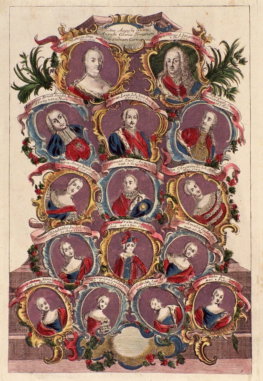 Stammbaum der Kaiserin Maria Theresia von Habsburg (1717-1780) mit Ehemann Franz I. und Kindern: Maria Elisabeth, Joseph II., Maria Amalia, Leopold II., Ferdinand und Maximilian von Italian School