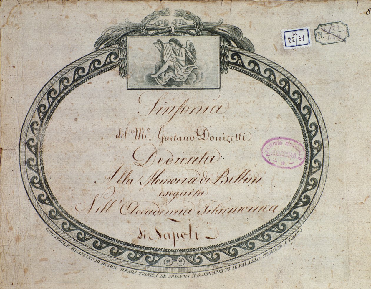 Frontispiz-Detail von "Sinfonia in mi bemolle maggiore: dedicata alla memoria di Bellini" von Gaetano Donizetti (1797-1848) von Italian School