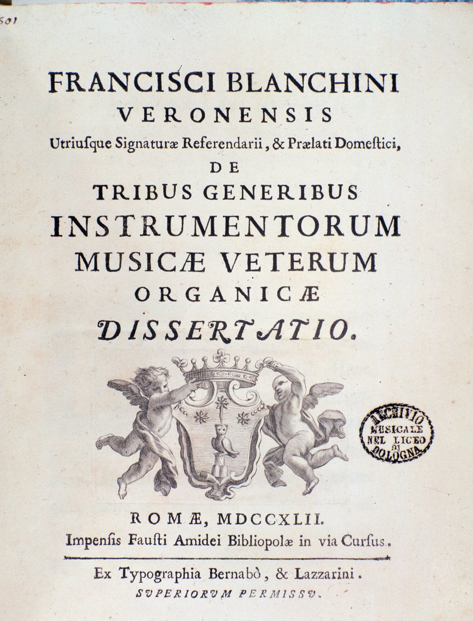Frontispiz von „de Tribus Generibus Instrumentorum Musicae Veterum“ Werk über alte Musikinstrumente von Francesco Bianchini von Italian School