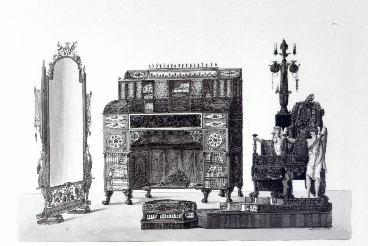 Möbel im griechischen Stil aus Architectural Decorations von Gaetano Landi, graviert von G. D