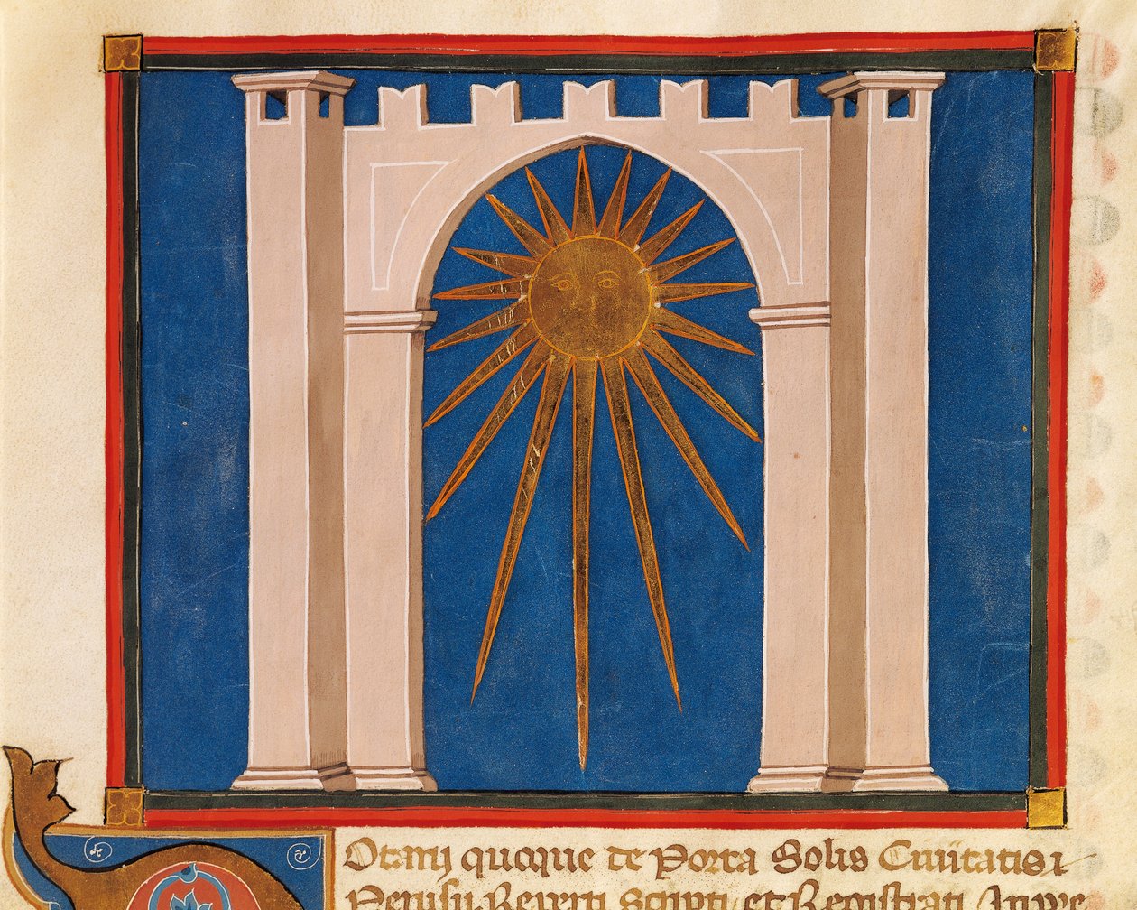 Tor der Sonne, Miniatur aus dem Register der Notare von Perugia, Manuskript, Italien, 14. Jahrhundert von Italian School