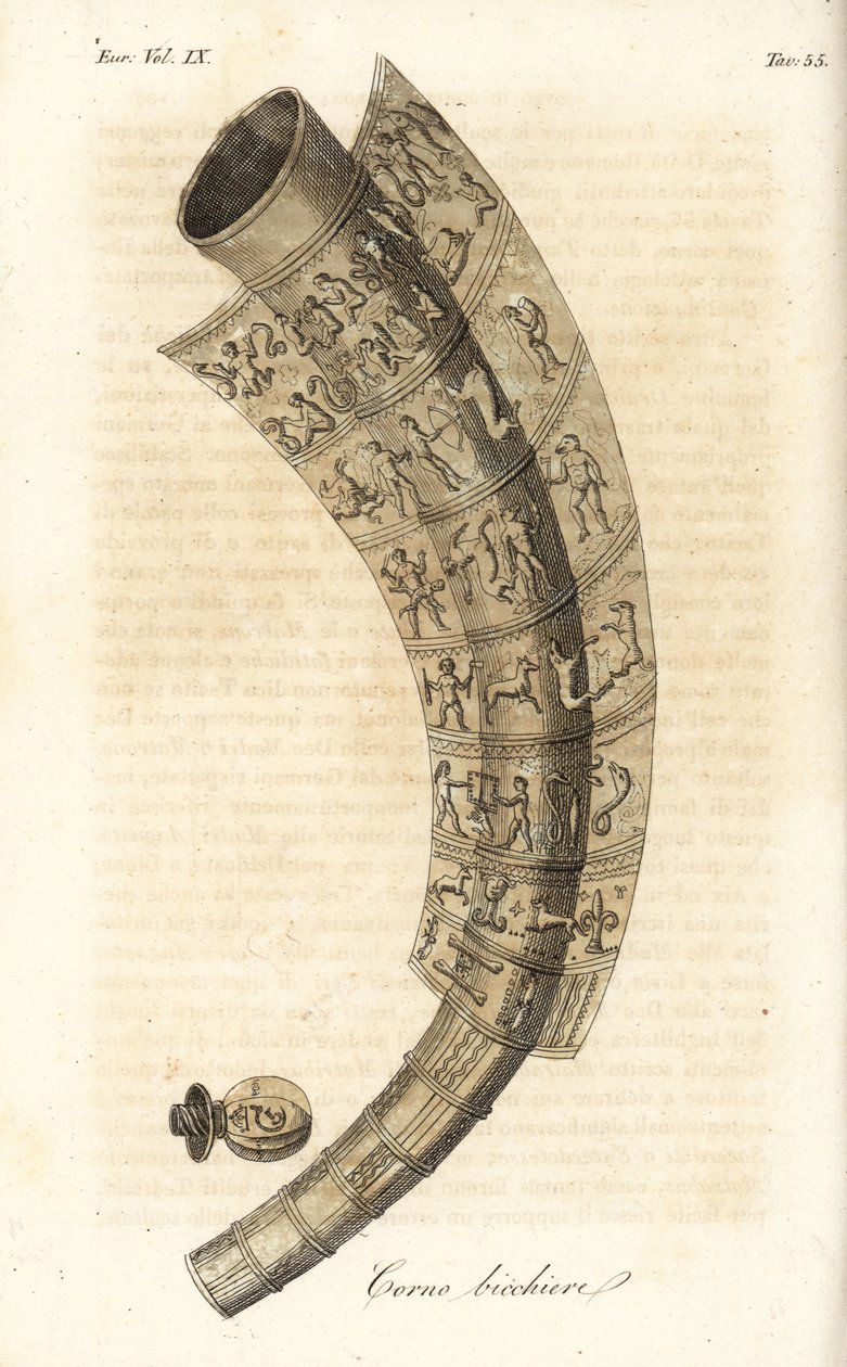 Goldenes Horn von Gallehus, Trinkhorn oder Tunderense (handkolorierte Kupferstichgravur) von Italian School