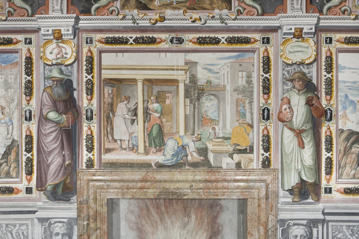 Halle des Tierkreises: Götter bestrafen Menschen und männliche Figuren, die die Monate des Jahres darstellen (Fresko) (Detail) von Italian School