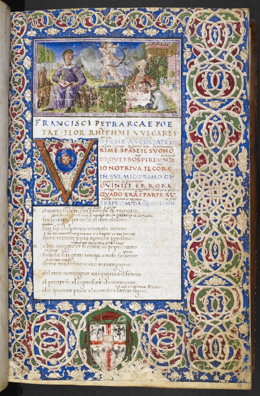 Harley 3567, f.9 Miniatur von Petrarca und Laura, mit Amor, der seinen Pfeil auf Laura richtet, aus 