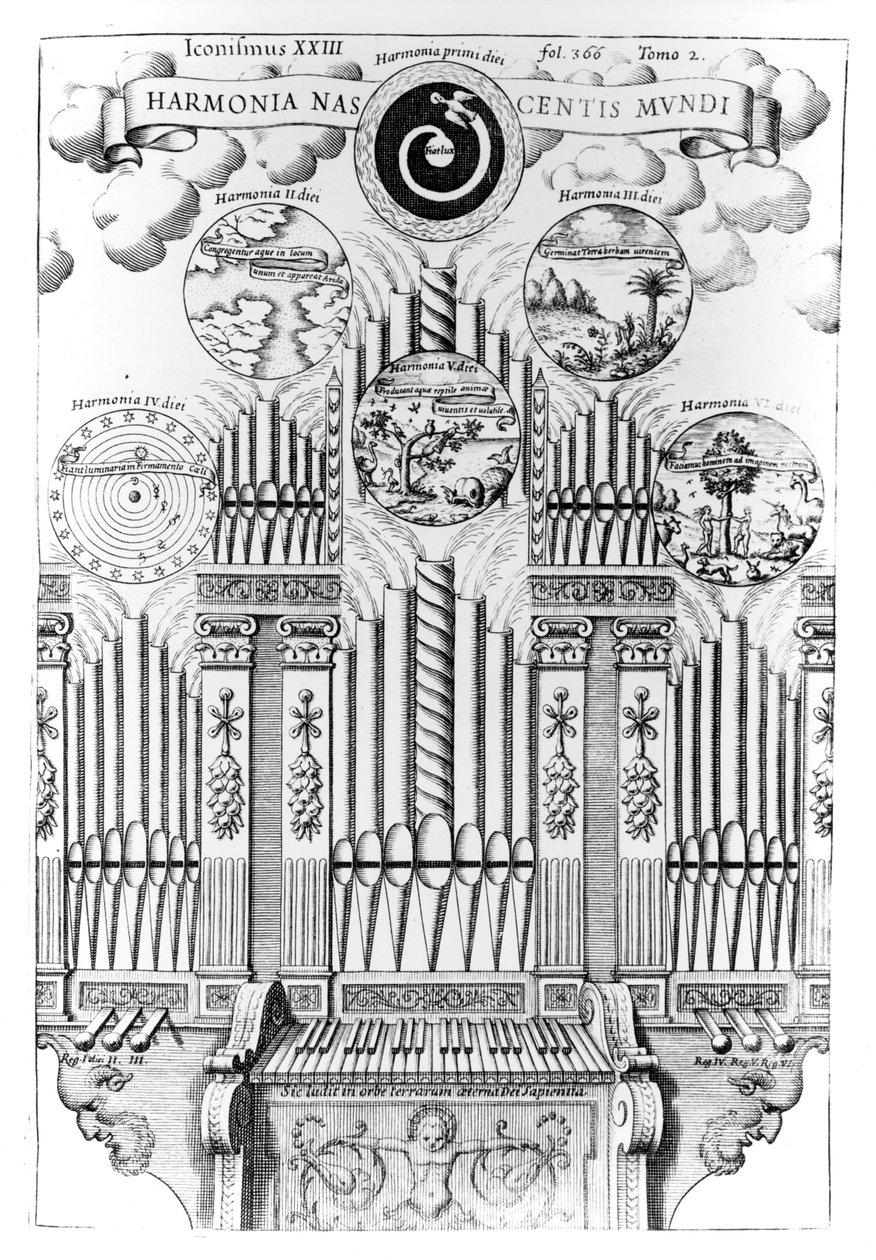 Harmonie der Geburt der Welt (Harmonia Nascentis Mundi), Illustration aus Musurgia Universalis, Bd.2, fol.366, von Athanasius Kircher, veröffentlicht in Rom, 1650 von Italian School