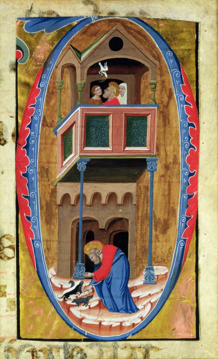 Historisierte Initiale D, die Szenen aus der Legende eines Heiligen zeigt, Ende des 14. Jahrhunderts von Italian School