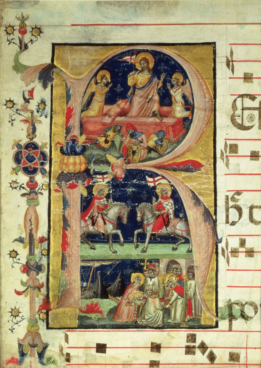 Historisierte Initiale R, die die Auferstehung, zwei Ritterheilige und einen Bischofsheiligen zeigt, der Reliquien empfängt von Italian School