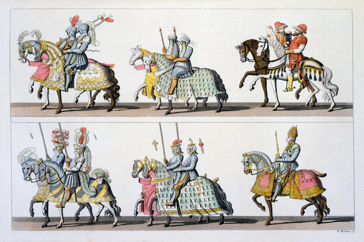 Heiliges Römisches Reich: Teilnehmer an einem Turnier auf der Burg Luxemburg zur Zeit von Maximilian I., aus Costumi dei Romani, Svizzeri.. ca. 1800-18 von Italian School