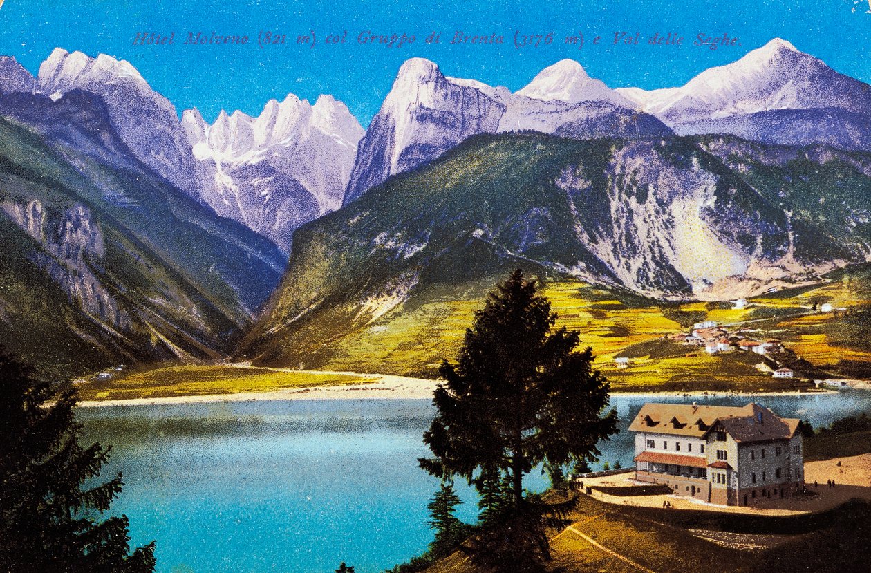 Hotel Molveno mit Brenta-Gruppe und Val delle Seghe, Postkarte, Trentino-Südtirol, 20. Jahrhundert von Italian School