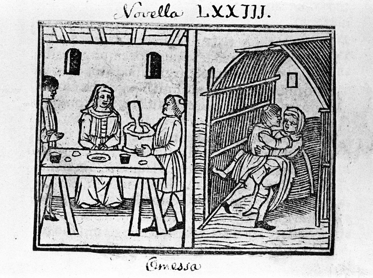 Illustration zur Novelle 73 (Novelle 3 des achten Tages) des „Decameron“ von Giovanni Boccaccio genannt Jean Boccaccio (1313-1375), italienischer Schriftsteller von Italian School