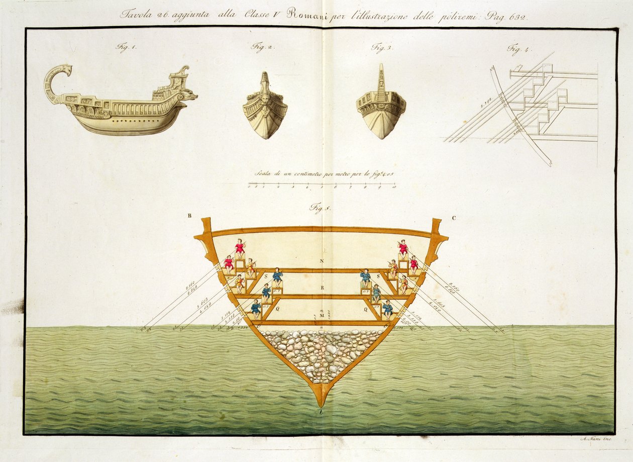 Illustration eines römischen Polyreme, Tafel 26, Klasse 5 aus Teil I der Geschichte der Nationen, graviert von A. Nani von Italian School