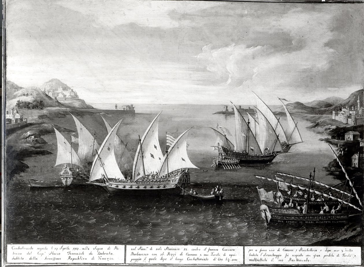 Zwischenfall bei Patras zwischen dem venezianischen Kapitän Ivanovich da Dabrota und dem türkischen Piraten Barbarossa, 17. April 1751 von Italian School