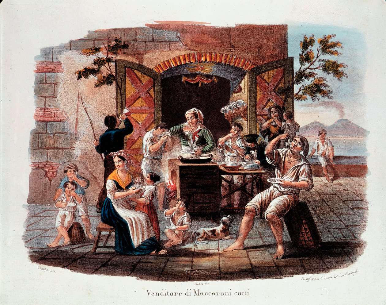 Kleiner neapolitanischer Beruf: ein Verkäufer von gekochten Makkaroni. Im Hintergrund der Vesuv an der Bucht von Neapel. Lithografie des 19. Jahrhunderts. Museo Nazionale delle Paste Alimentari, Fondazione Agnesi, Rom von Italian School