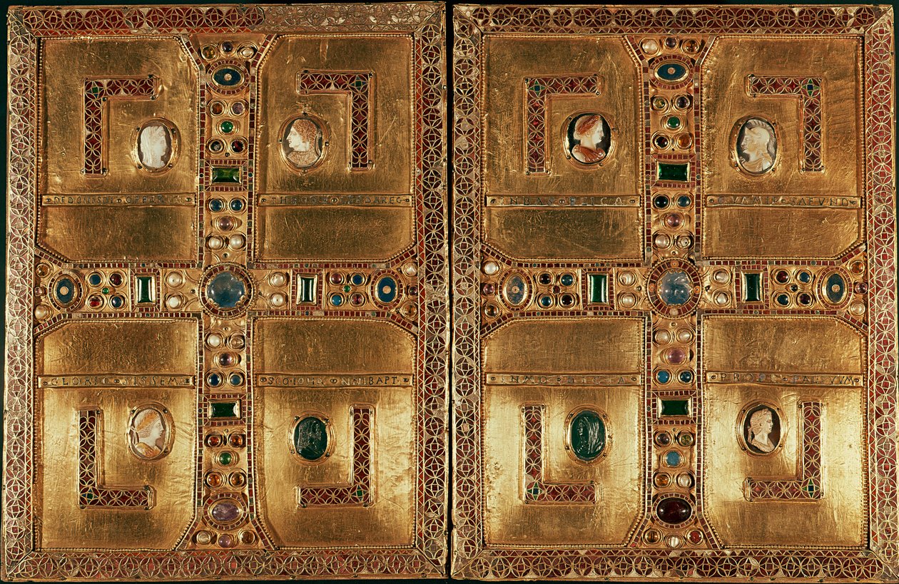 Lombardische Kunst: Evangelium der lombardischen Prinzessin Theodelinde von Bayern (6. Jahrhundert). Es ist mit Goldplatten bedeckt, die mit Emaille und Edelsteinen verziert sind und ein lateinisches Kreuz bilden. 603. Basilika San Giovanni Battista a Monz von Italian School