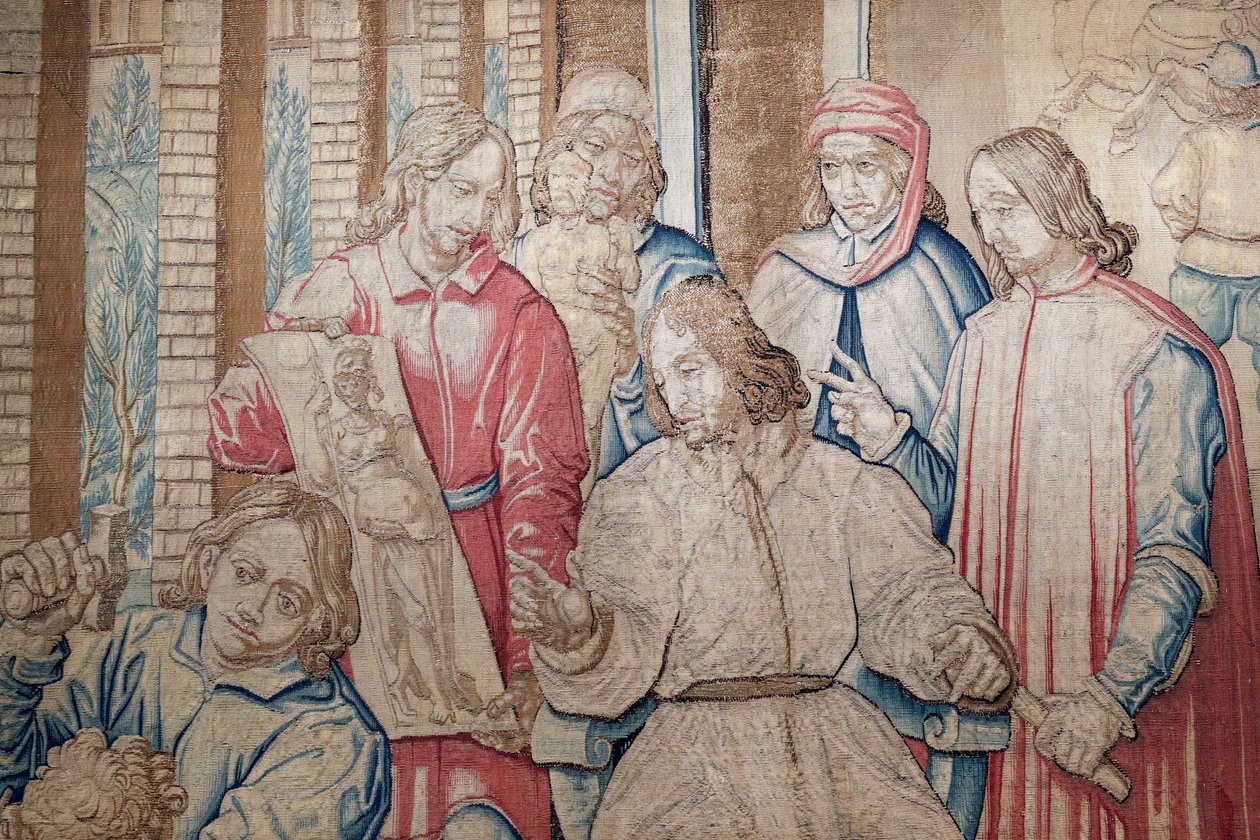 Lorenzo der Prächtige unter den Bildhauern und Malern im Medici-Garten in San Marco. Wandteppich 1516. Genua. Italien. von Italian School