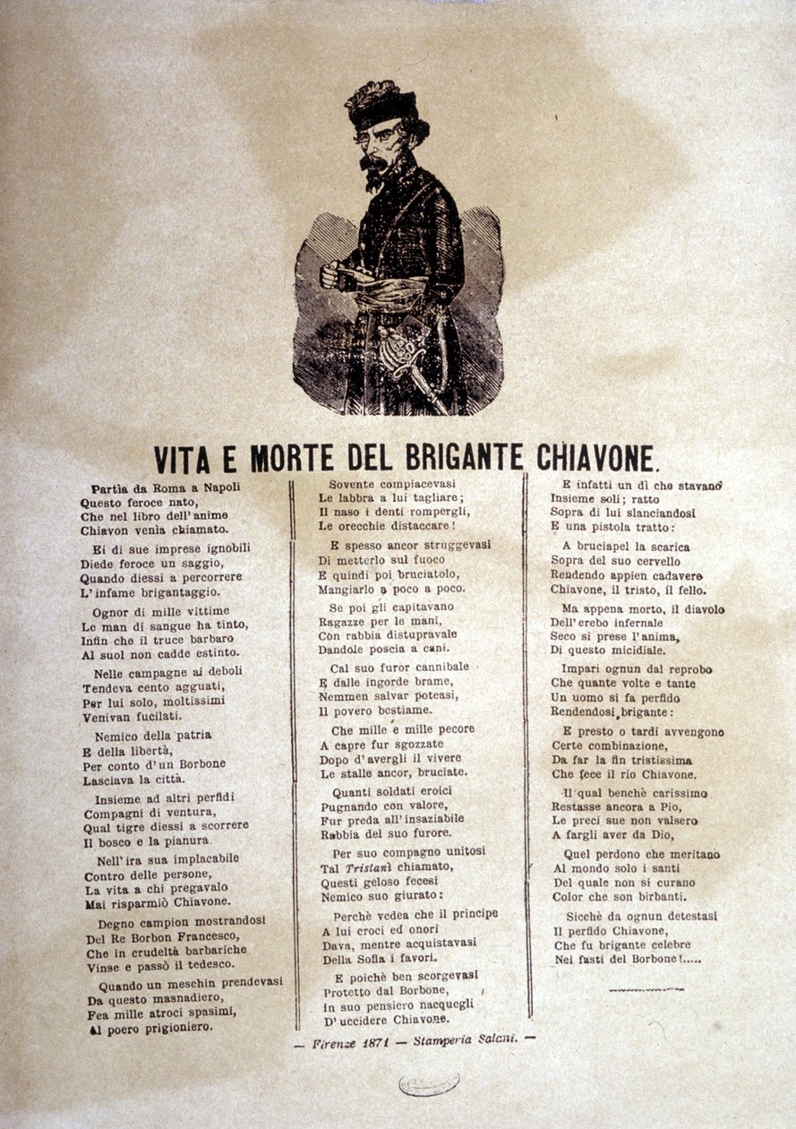Liedtext eines Volksliedes über die Räuber von Chiavone von Italian School