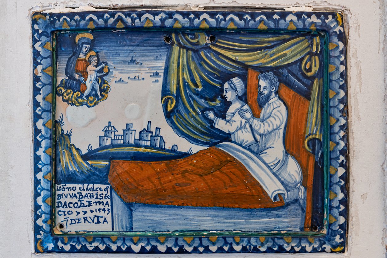 Madonna mit Kind und betenden Ehepartnern, Ex-Voto-Tafel von Italian School