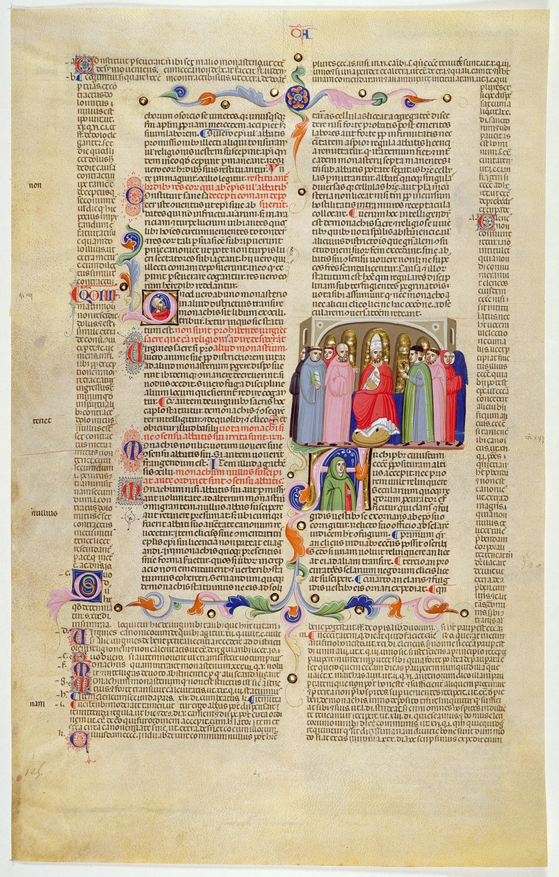 Marlay Cutting IT.10: Blatt mit Miniatur aus Gratians Decretum, das den Erzbischof zwischen Klerikern und Laien thronend zeigt von Italian School