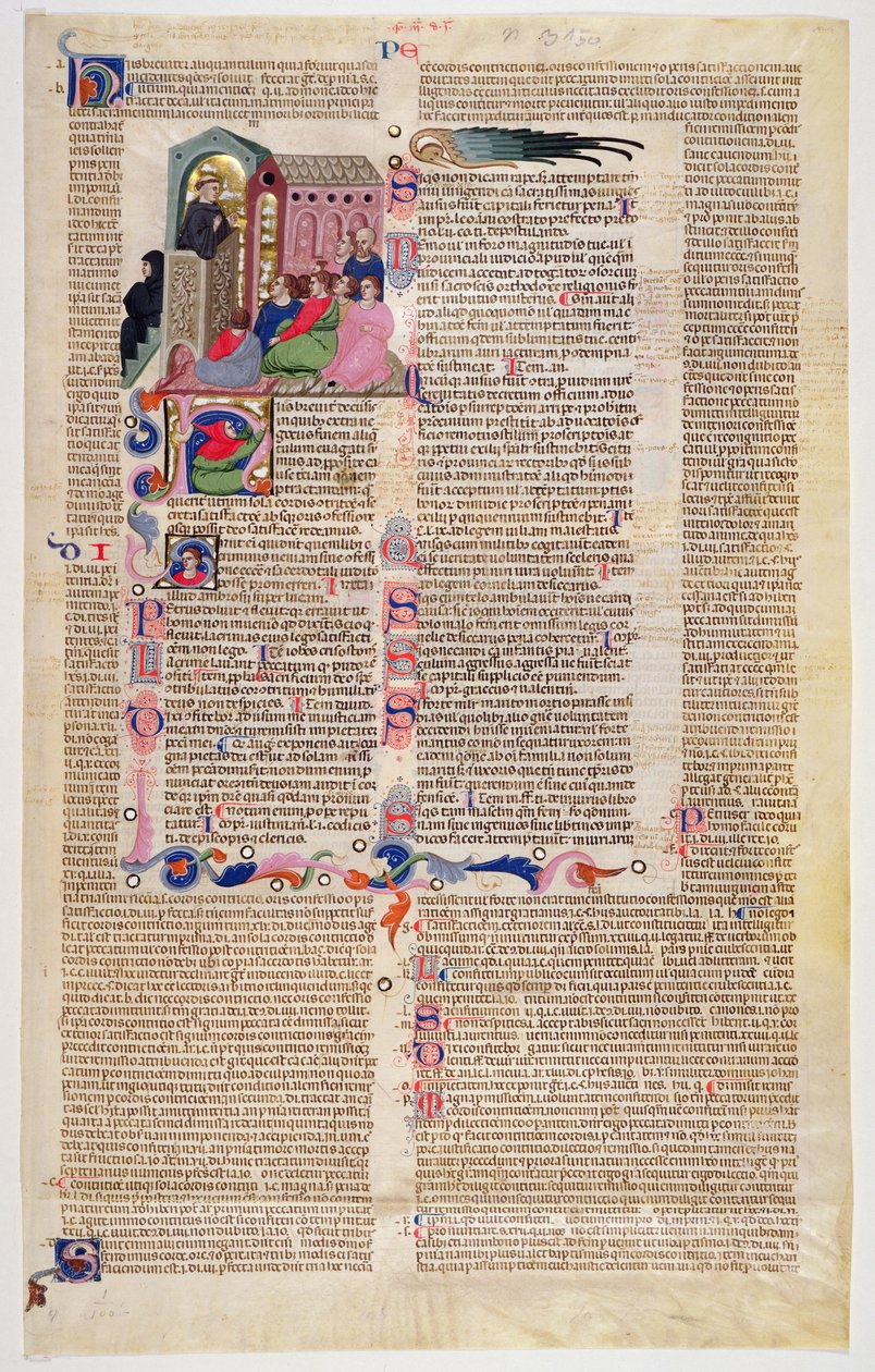 Marlay Cutting IT.11: Blatt mit Miniatur aus Gratians Decretum, das einen Mönch zeigt, der einer Gemeinde von Männern und Frauen predigt von Italian School
