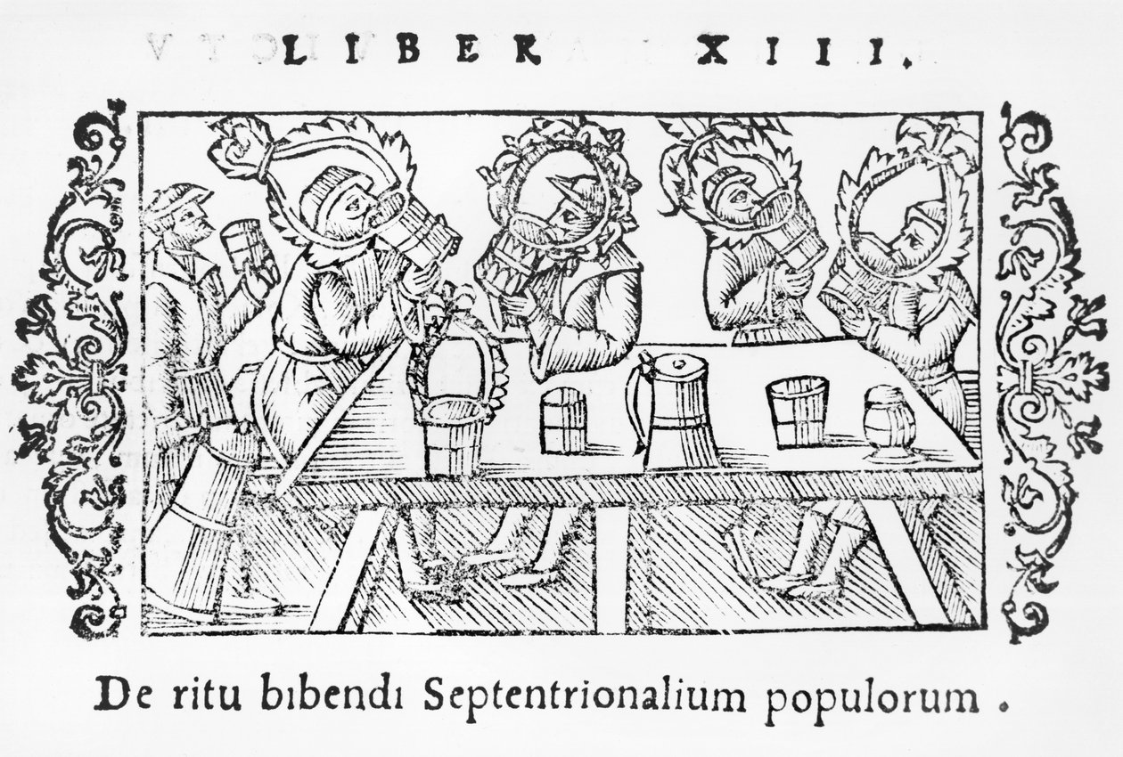 Männer beim Trinken, Illustration aus Historia de Gentibus Septentrionalibus von Olaus Magnus (1490-1558), veröffentlicht in Rom, 1555 von Italian School