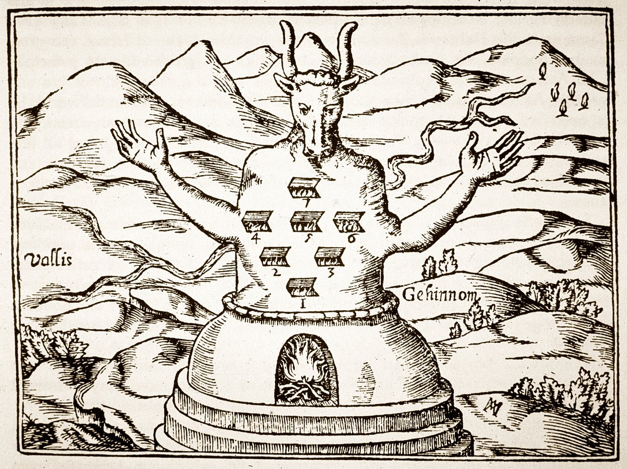 Moloch, Kopie einer Illustration aus Oedipus Aegyptiacus von Athanasius Kirchner, Rom 1652, verwendet in einer Geschichte der Magie, veröffentlicht Ende des 19. Jahrhunderts von Italian School