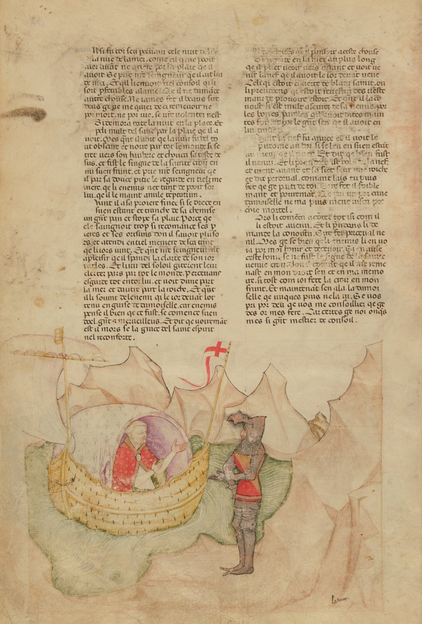 Ms Fr 343 fol.32v Das Weiße Schiff kommt, um Percival zu retten, aus der Queste del Saint Graal, ca. 1380-85 von Italian School