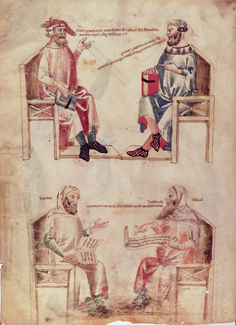 Hippokrates und Hunayn ibn Ishaq und Hippokrates und Claudius Galenus, aus De Herbis von Manfredus de Monte Imperiali von Italian School