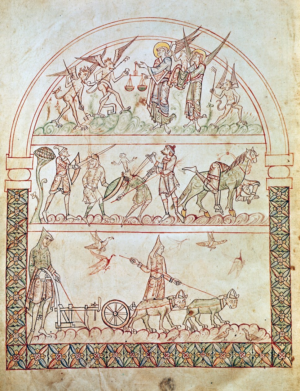 Ms. Plut. 12.17, c. 1b, Die irdische Stadt mit den Härten und Unglücken der Menschheit und das Urteil einer Seele, aus Die Stadt Gottes von St. Augustinus, 11.-12. Jahrhundert von Italian School
