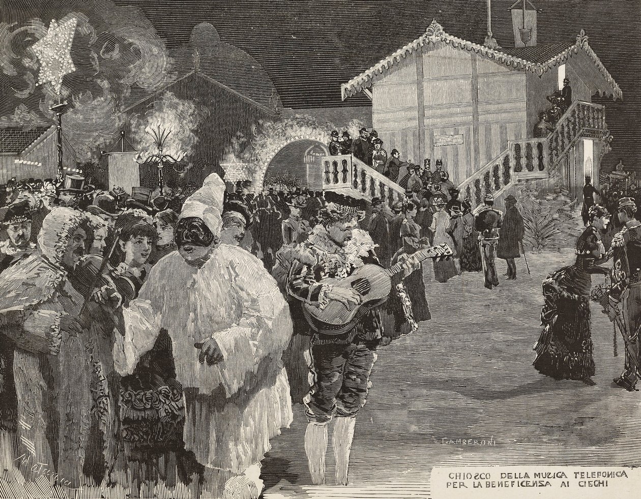 Musikkiosk zur Spendensammlung für Blinde, Pulcinella-Maske, Karneval in Neapel, Italien, Gravur nach Zeichnung von Matania, Gravur von Gamberoni aus L
