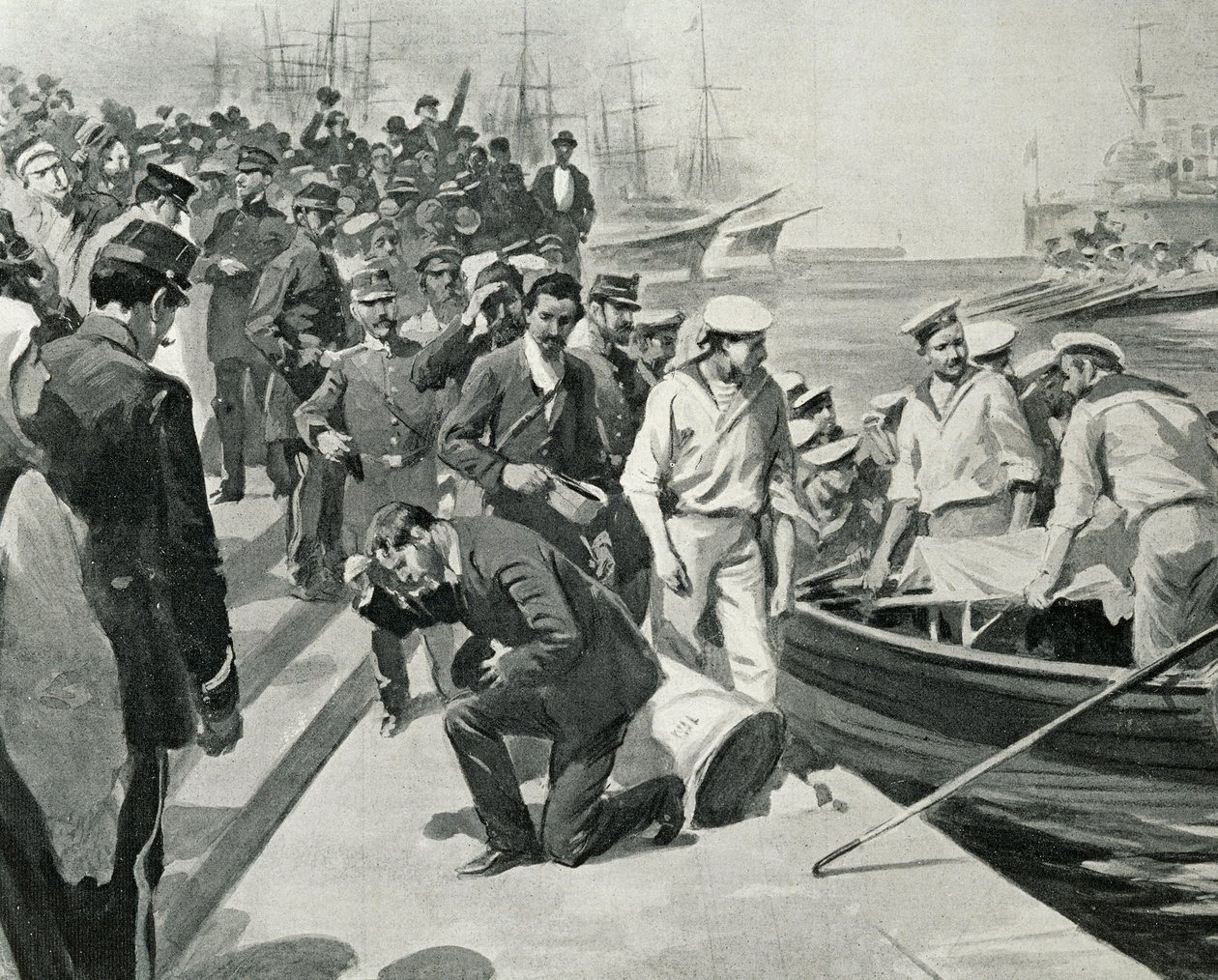 Meuterei des russischen Schlachtschiffs Potemkin bei der Landung im Hafen von Constanta in Rumänien, Illustration aus L